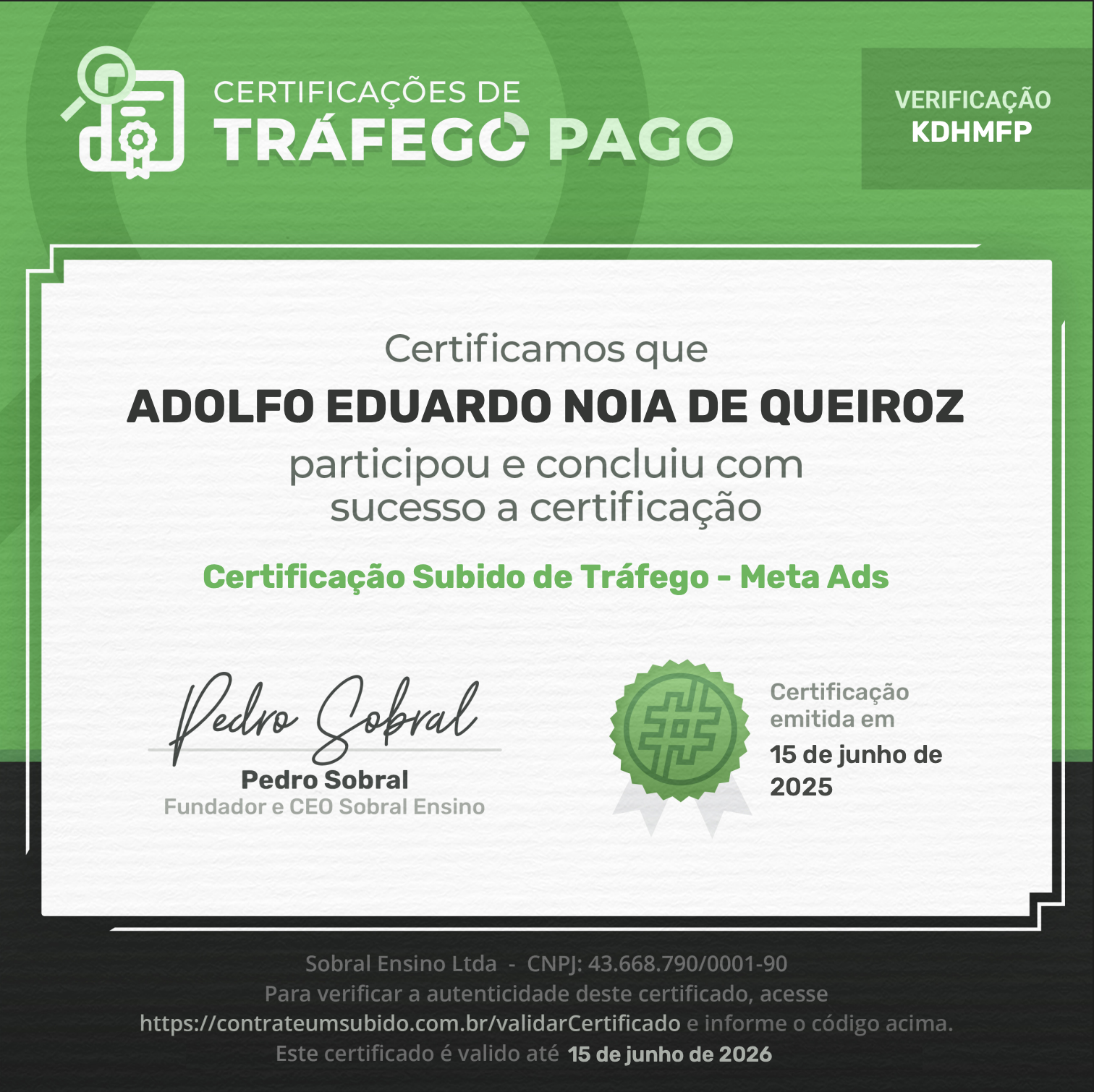 Certificado Subido de Tráfego Pago